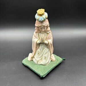 Vintage Praying Madonna Mary Figurine Green Velvet Pillow Religious Mid Century